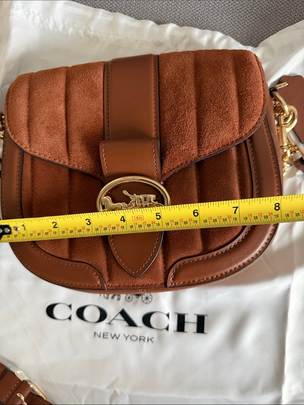 Coach Giorgia Suede and Leather Crossbody in Chestnut Brown with Gold Chain - Picture 6 of 12